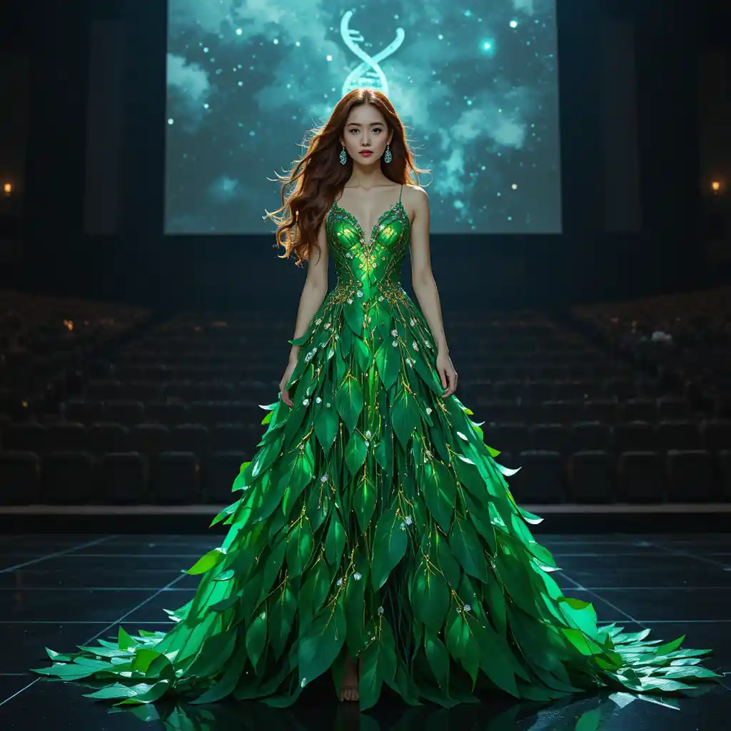 Korean pageant contestant in emerald leaf botanical gown