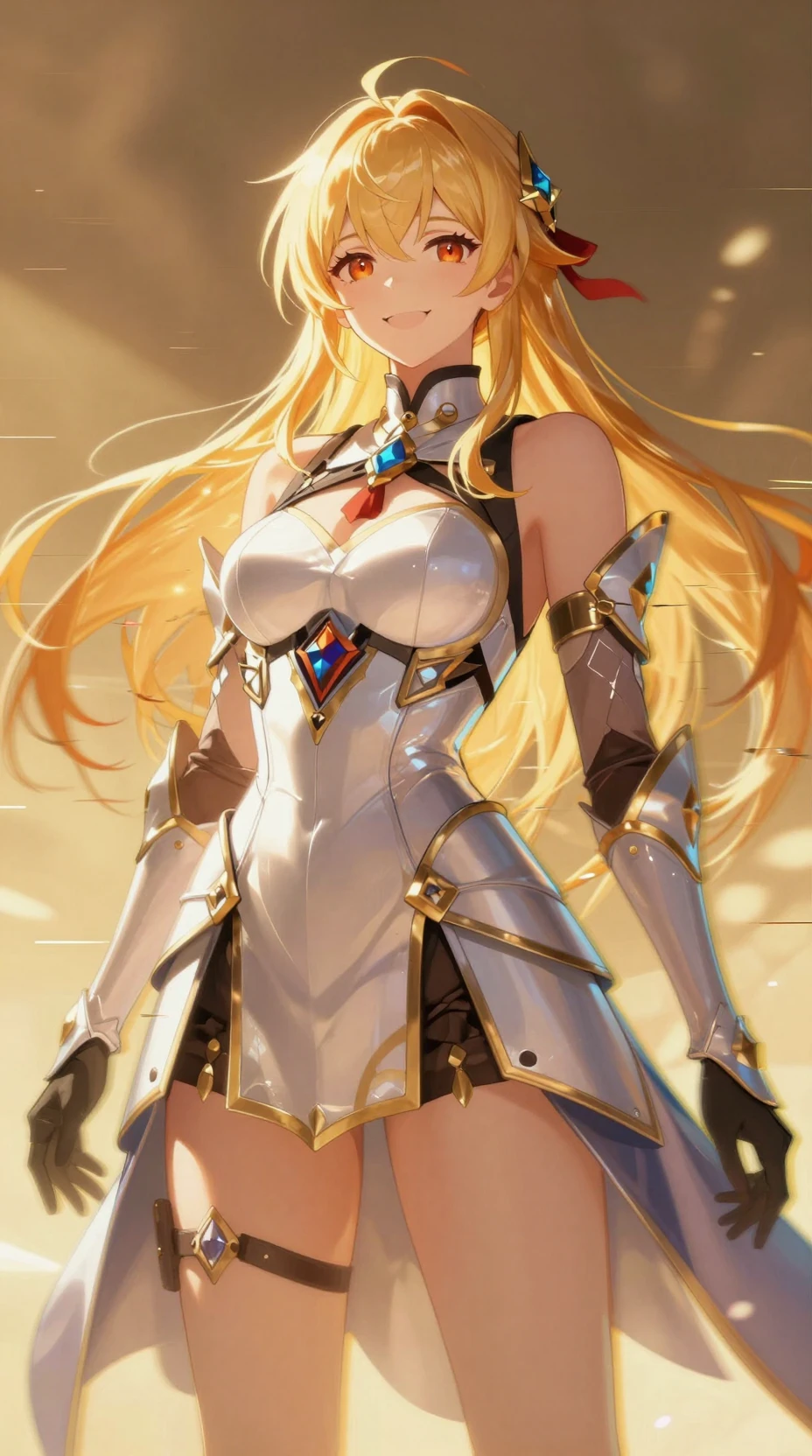 Femme en armure confiante souriant dans une chaude lumière dorée