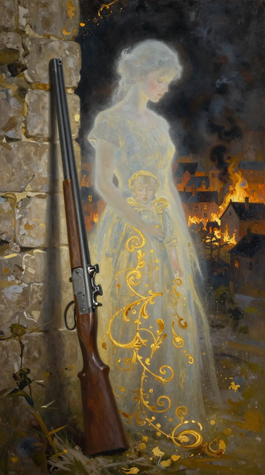 Old hunting rifle leaning against ruined stone chateau wall