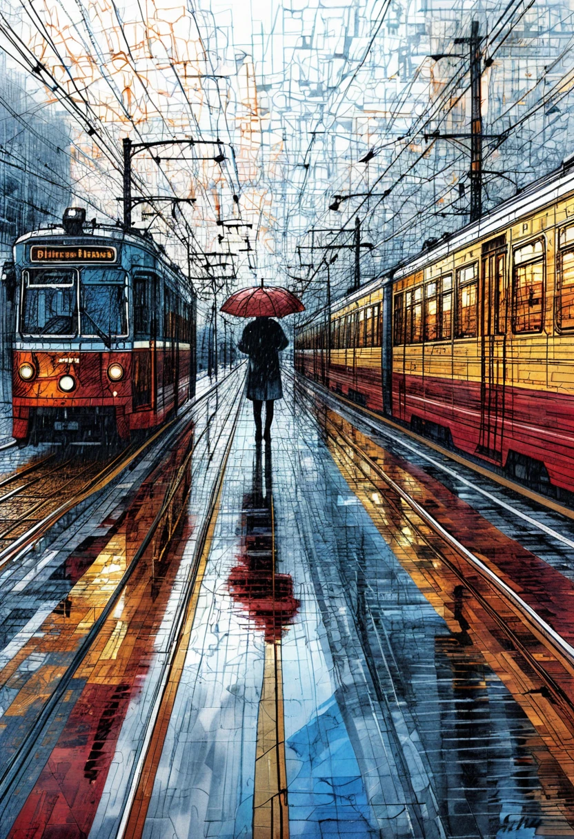 Figura solitaria con paraguas rojo entre tranvías rojos vintage