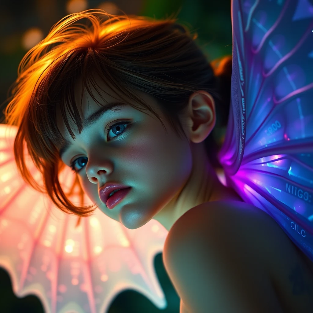 Fille mutée aux ailes translucides dans un jardin de laboratoire