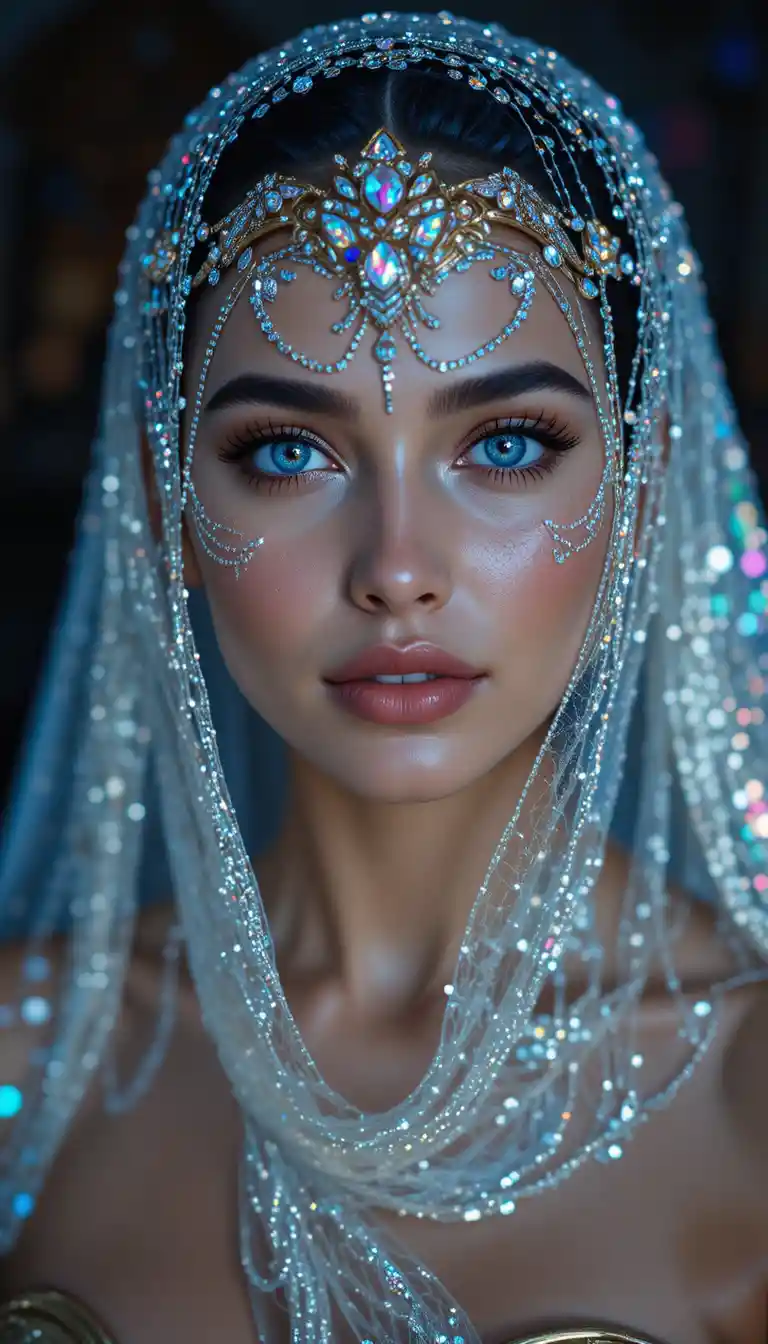 Glamorous woman in diamond veil with iridescent lighting
