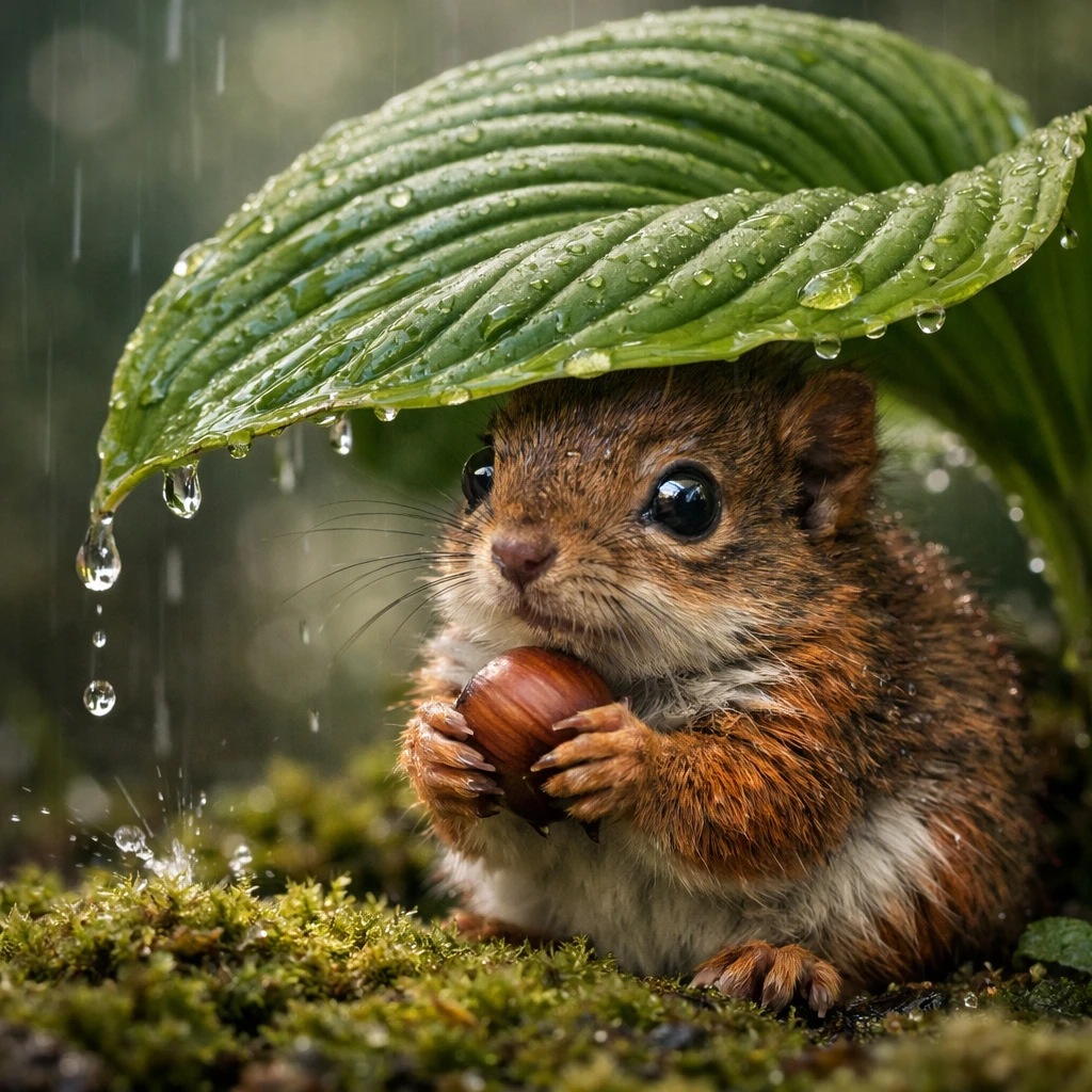 Baby-Eichhörnchen unter einem Blatt, das sich vor sanftem Regen schützt