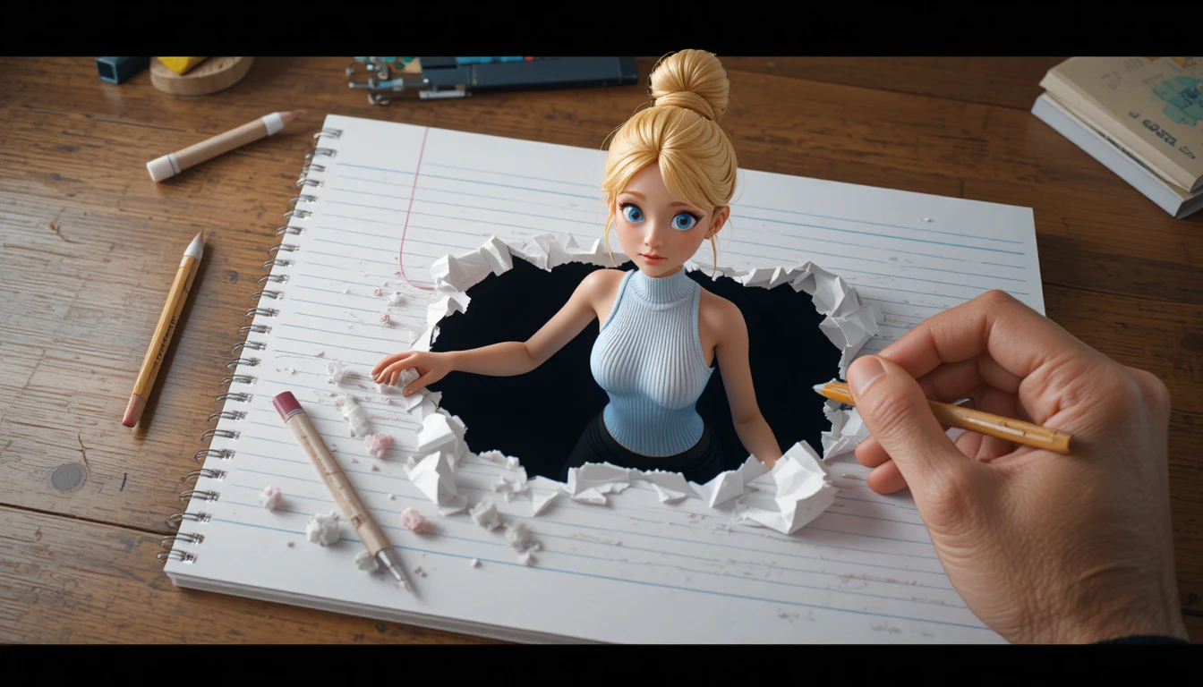 Femme 3D sortant d’une feuille de cahier déchirée – illusion
