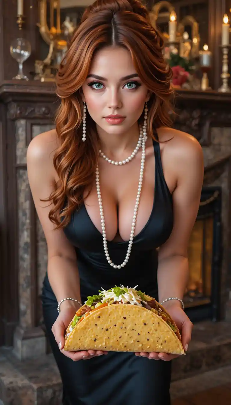 Glamorous woman in black satin dress holding a taco