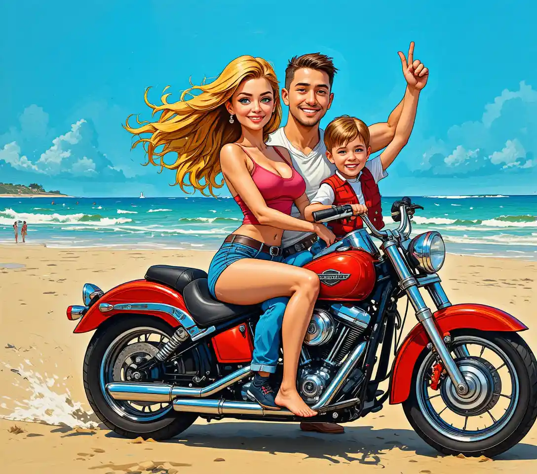 Famiglia sorridente su moto rossa in spiaggia soleggiata