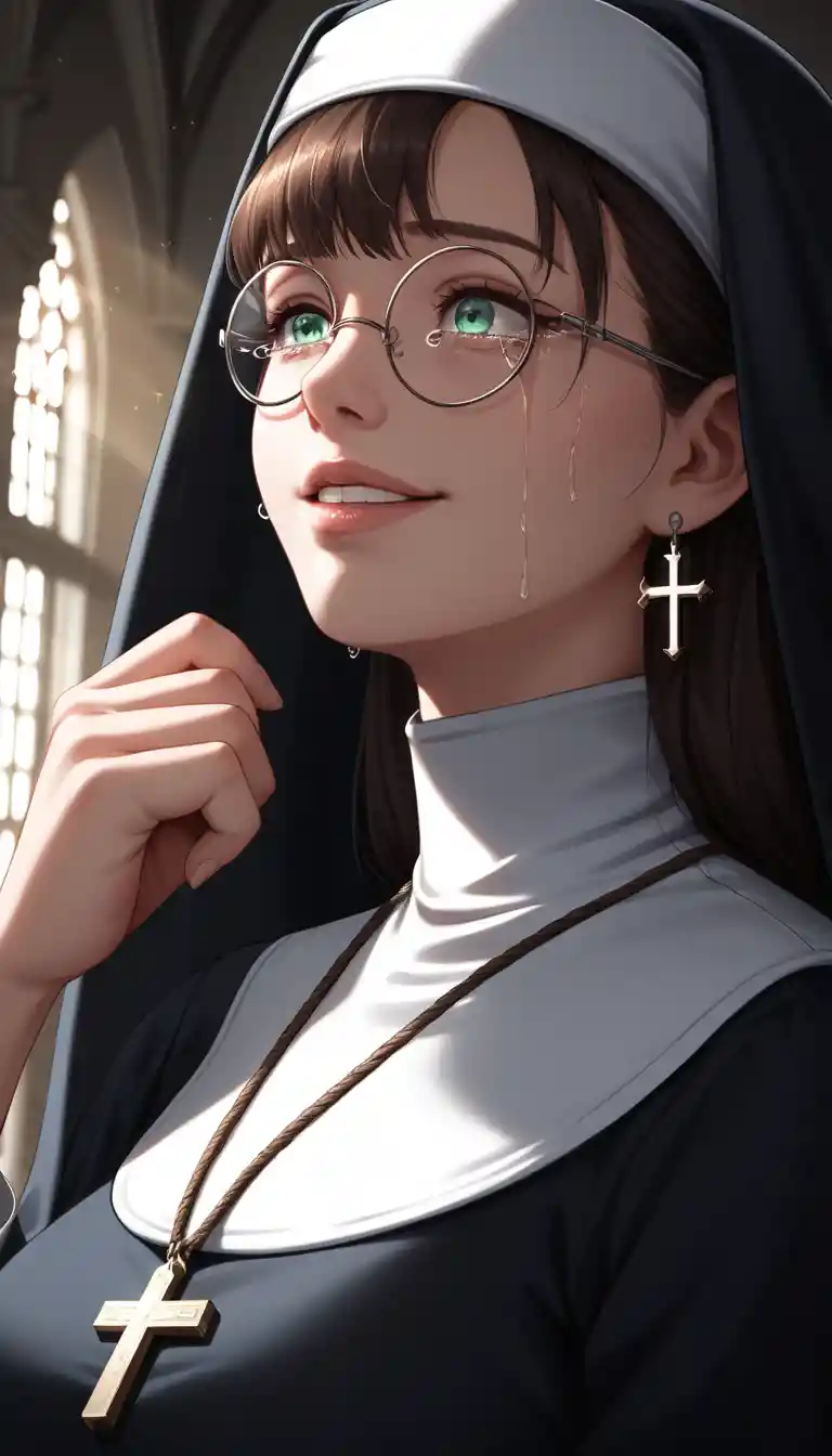Suora anime che piange in un buio corridoio scolastico deserto