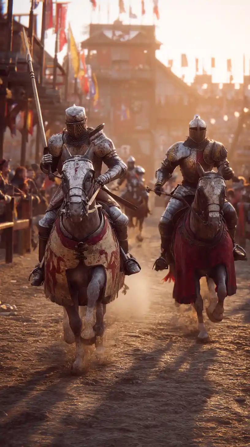 映画のようなアリーナで激突する中世の騎士たちの馬上槍試合