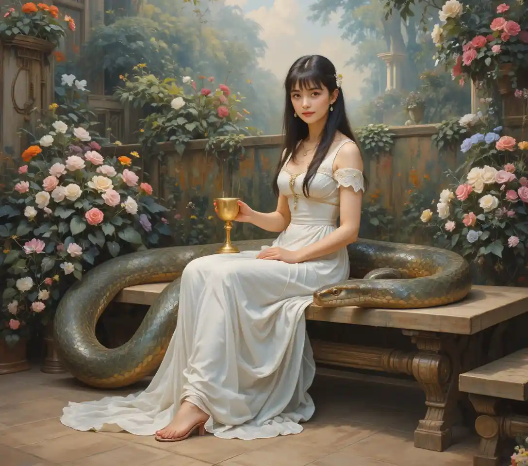 Egyptian princess sitting with a serpent in a lush garden