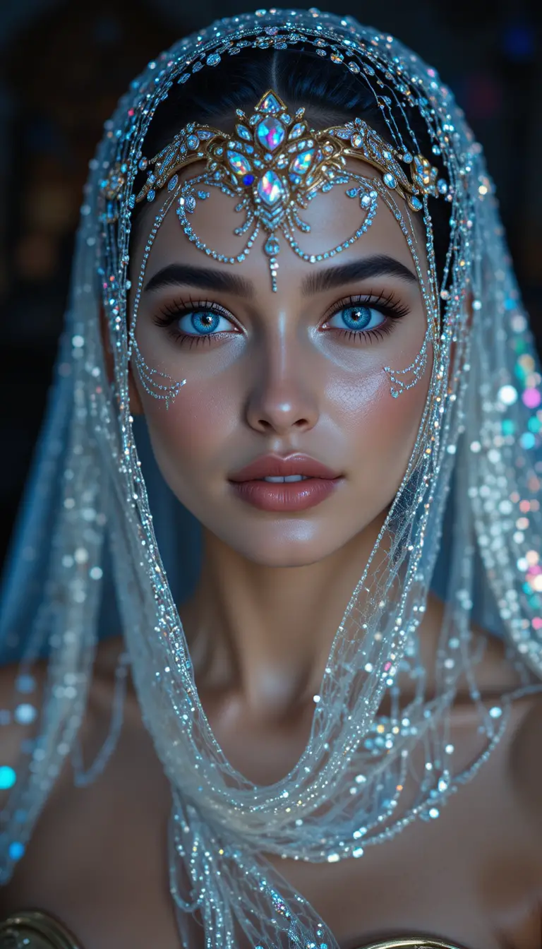 Glamorous woman in diamond veil with iridescent lighting