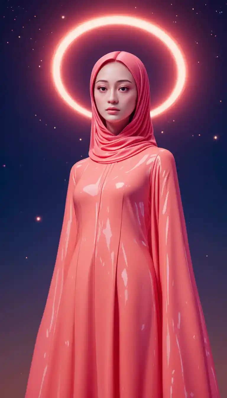 Donna alta con hijab rosa contro un cielo crepuscolare luminoso