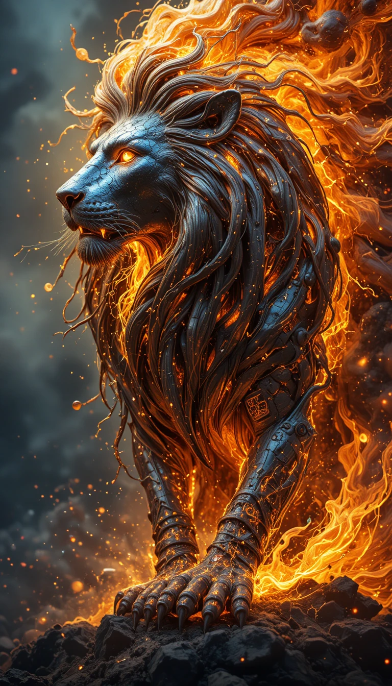 León de acero majestuoso con melena científica y ojos brillantes