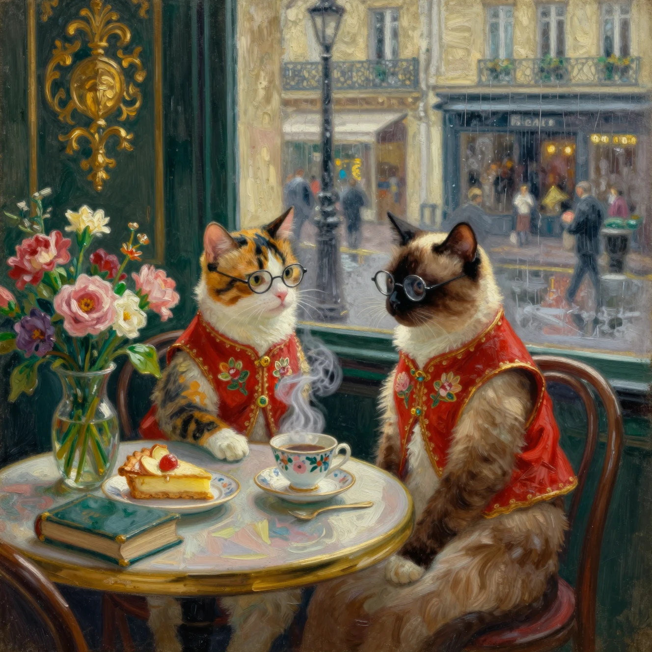Nachdenkliche Katzen in einem regnerischen Pariser Café – Gemälde