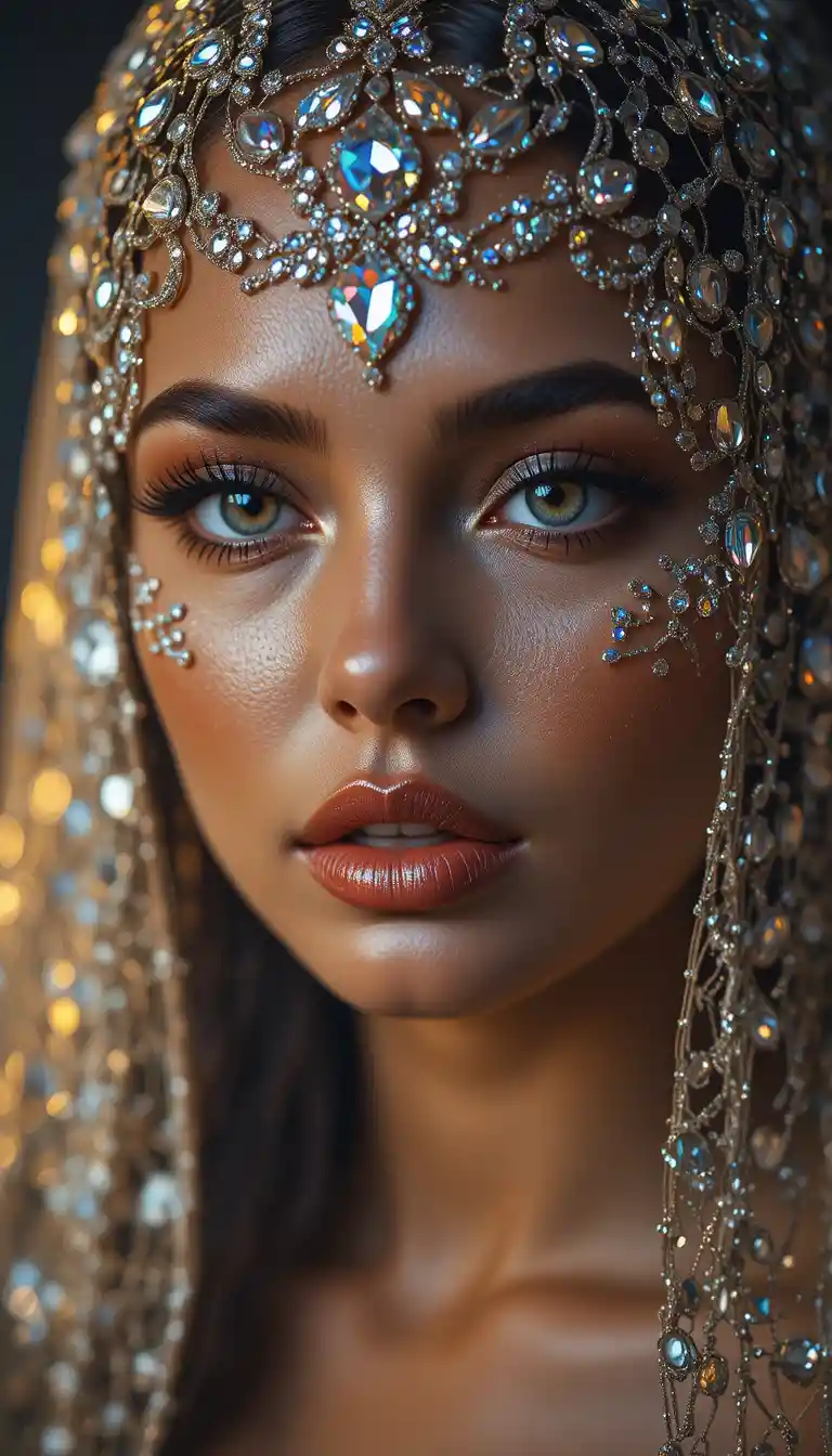 Glamorous woman in jeweled veil with shimmering smile