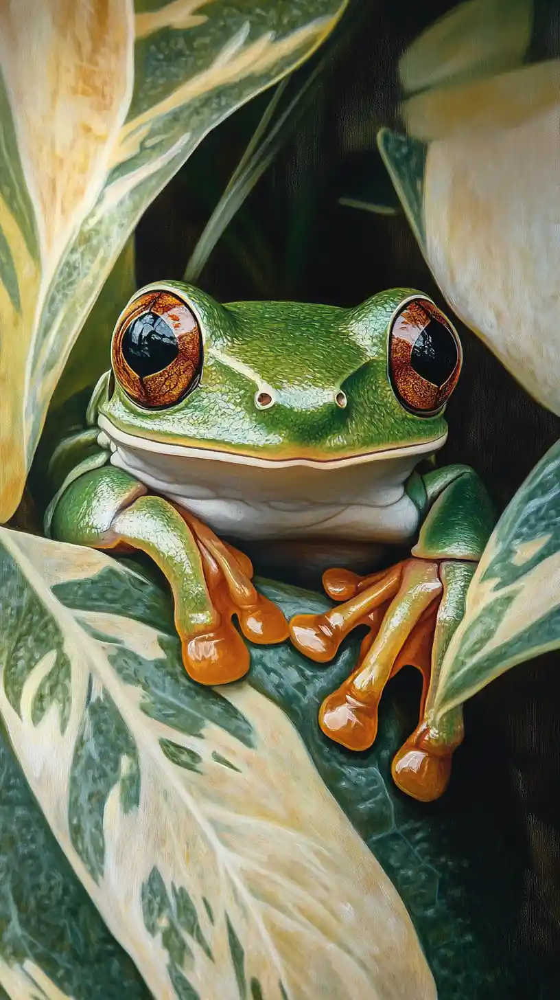 Emerald tree frog peeking through lush heart shaped leaves