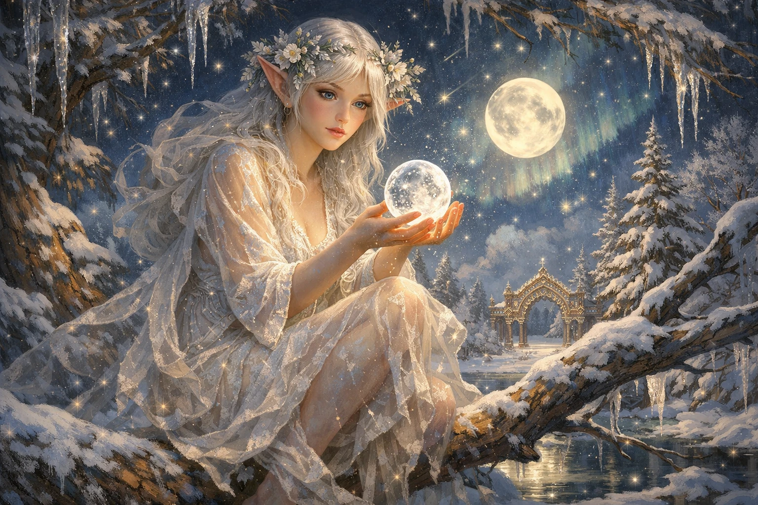 Chica elfa sosteniendo una pequeña luna en un bosque invernal