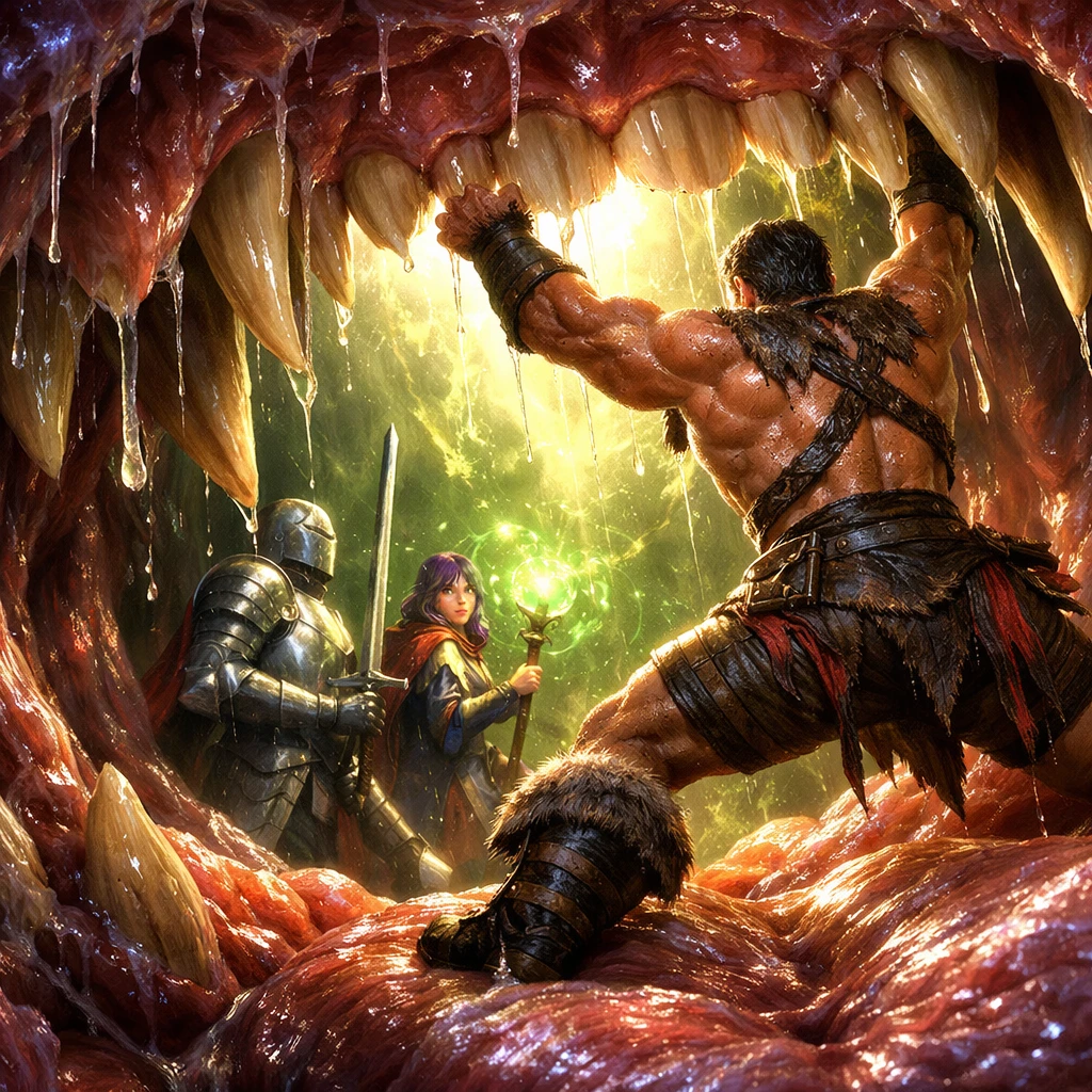 Guerreros heroicos luchando dentro de la boca de una bestia colosal