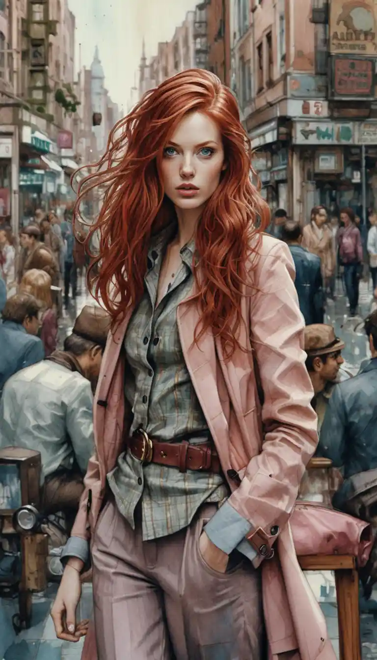 Red haired woman on city street in soft urban light