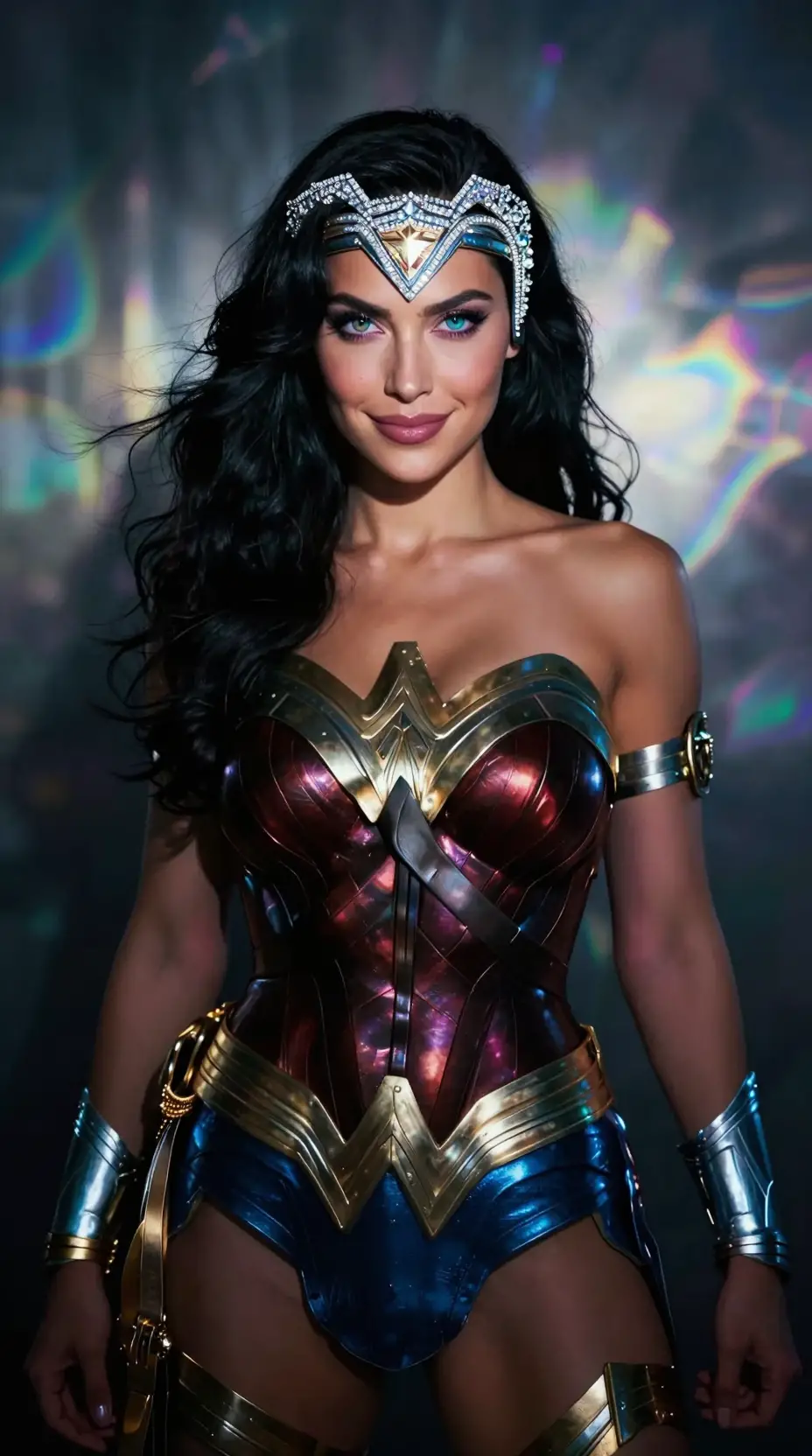 Confident warrior woman in diamond headdress under iridescent light