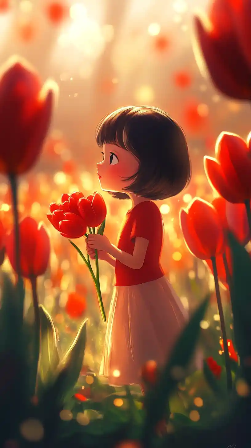 Anime girl in a tulip field under soft golden light