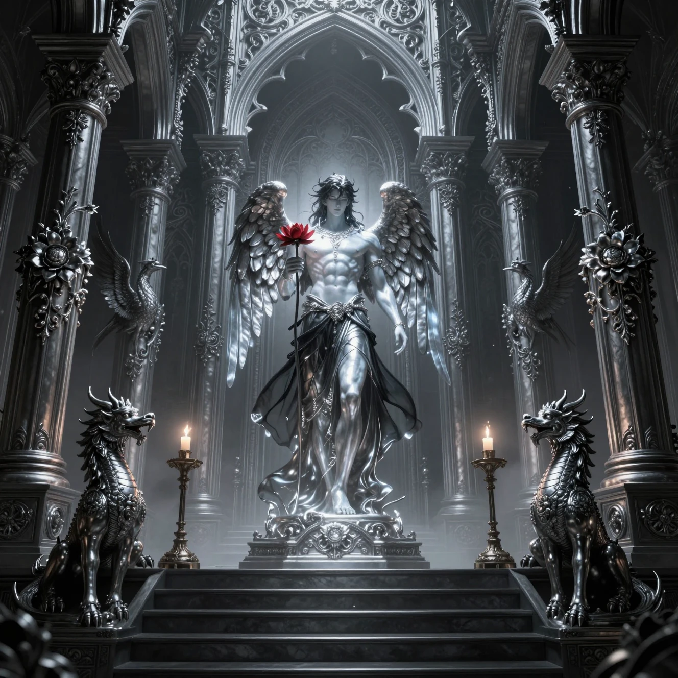 Templo gótico de fantasía con columnas de plata y estatuas