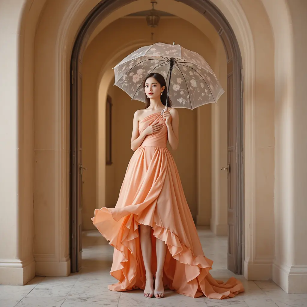 Elegant woman with floral umbrella in arched doorway