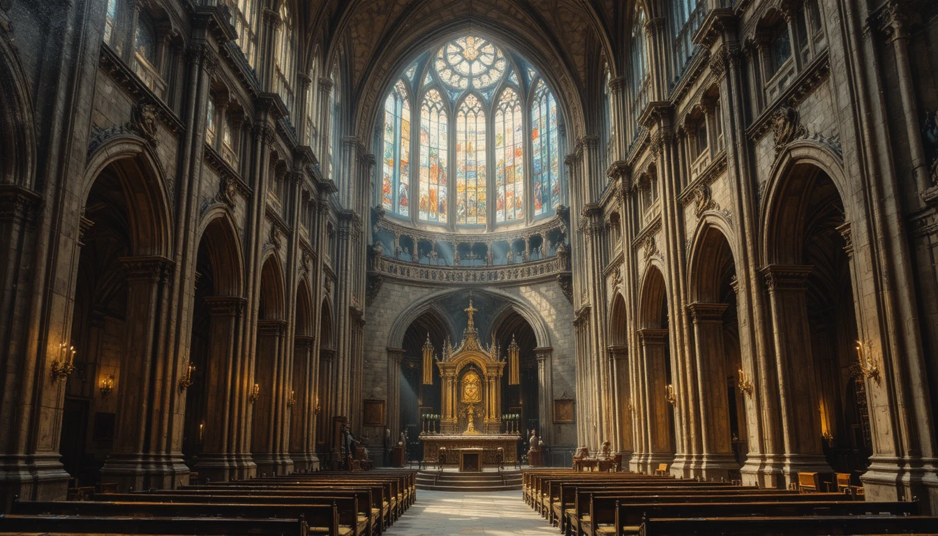 Grand cathedral interior with glowing stained glass light