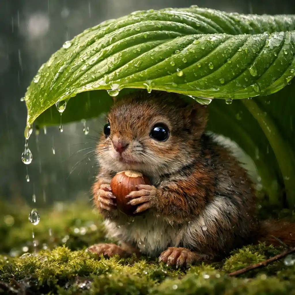 Baby-Eichhörnchen unter einem Blatt im sanften Regen