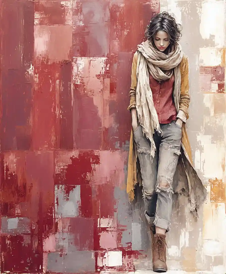 Pensive woman in long coat against textured abstract wall