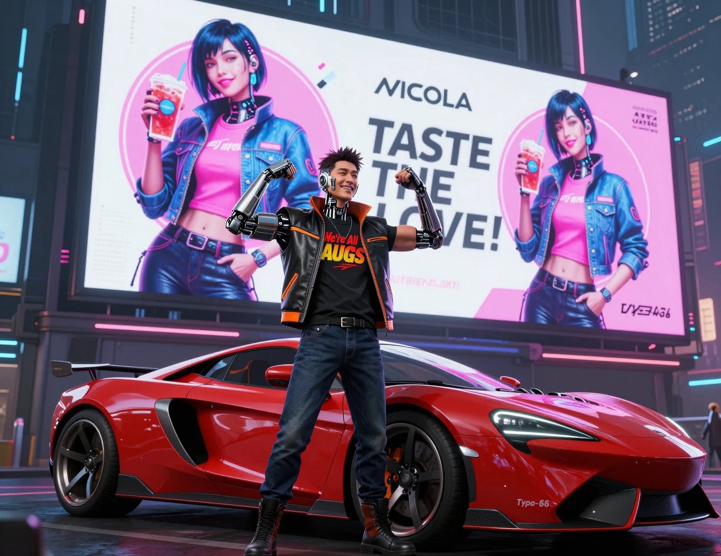 Cyberpunk man flexing beside red sports car at night