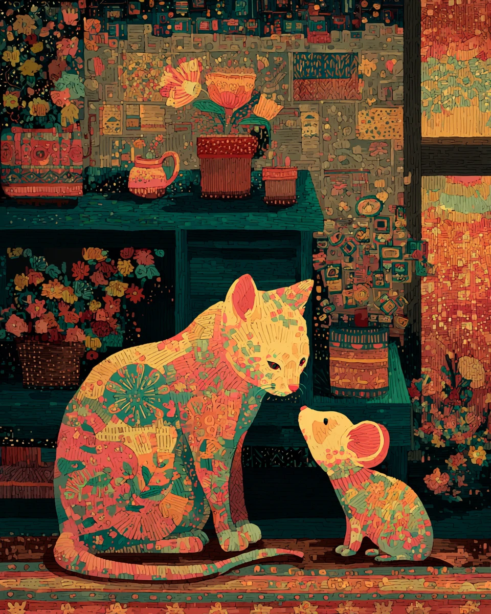 居心地のよいアパートのかわいい猫とネズミのフォークアート