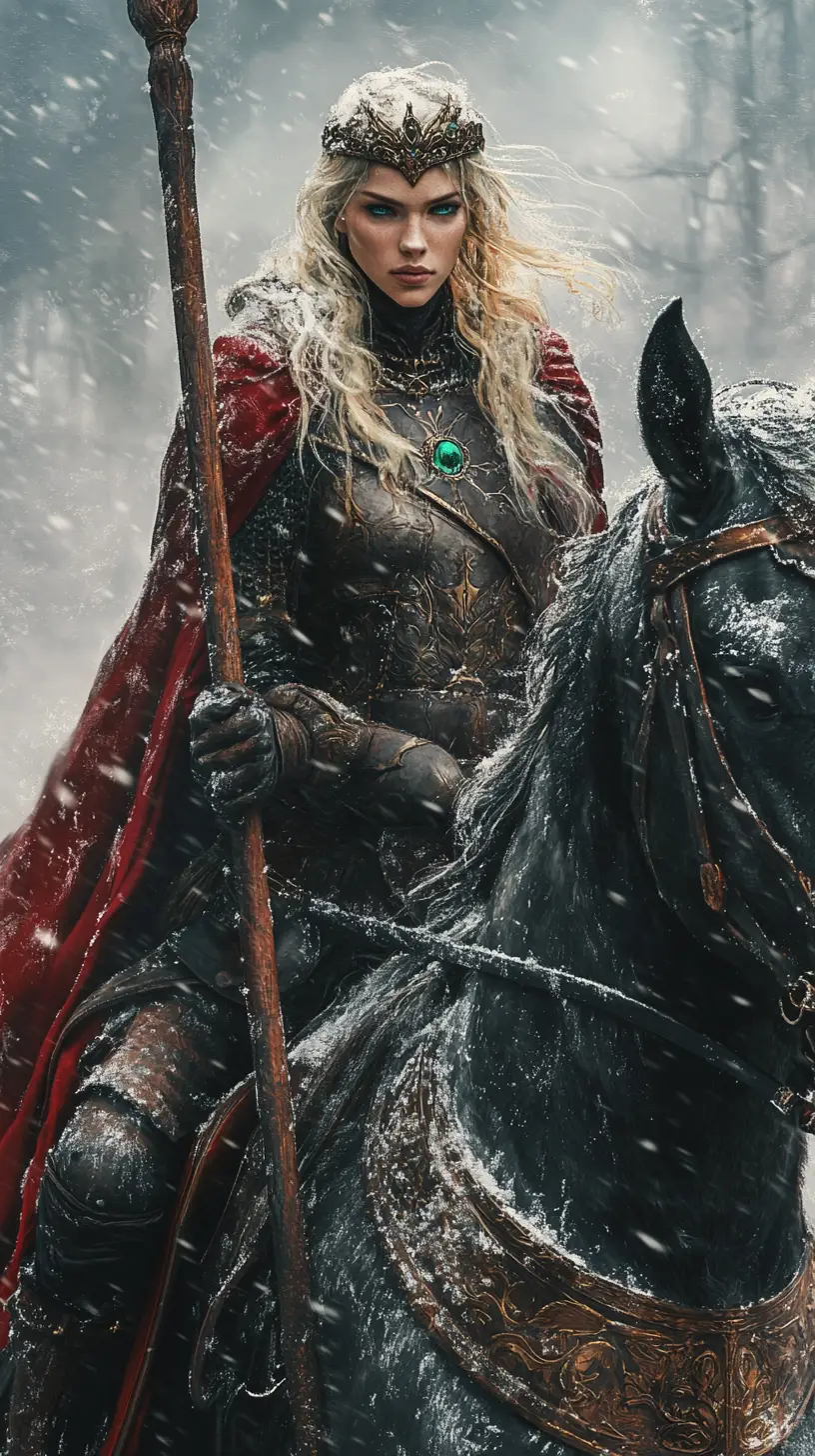 Blonde warrior woman on horseback in a raging snowstorm