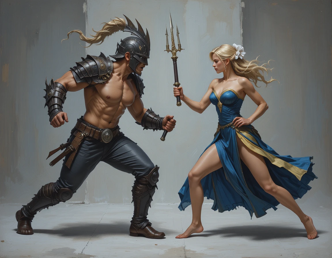 Fantasy warrior and sorceress facing off in studio duel
