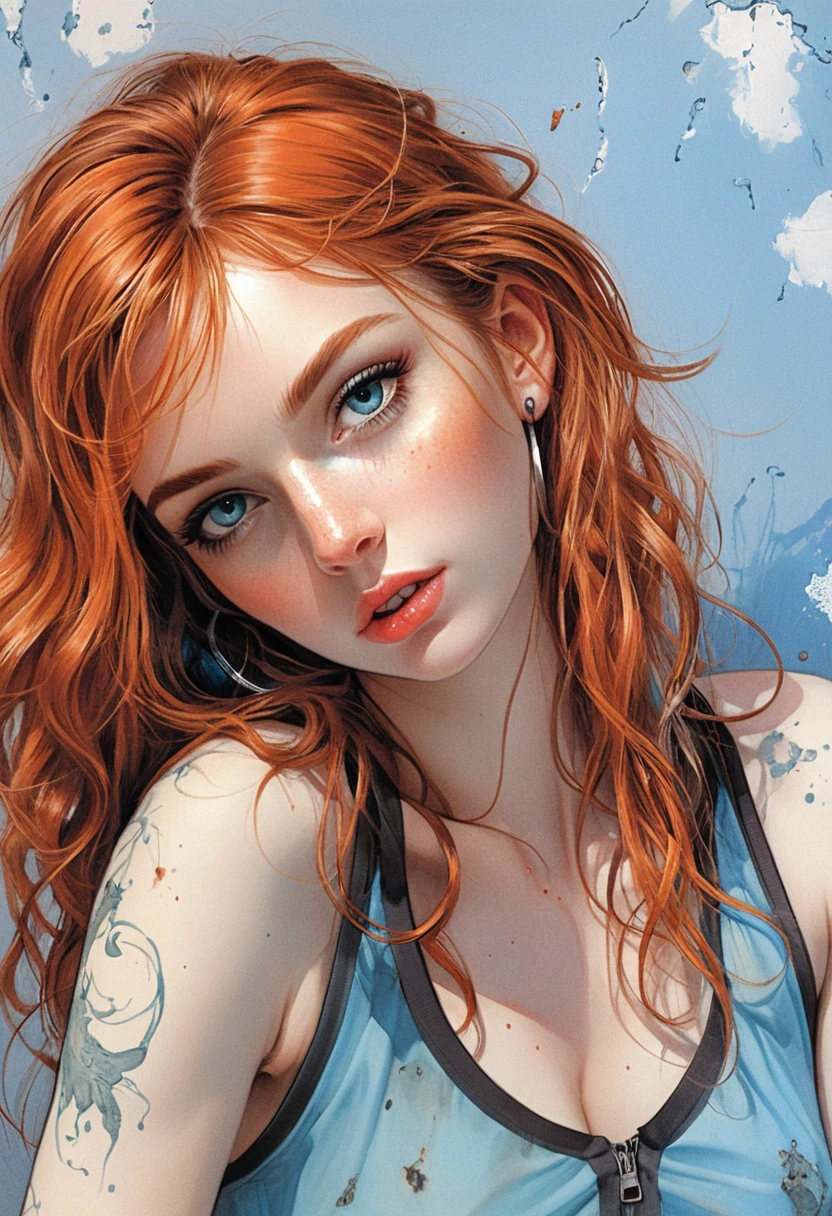 Red haired girl portrait against blue textured wall