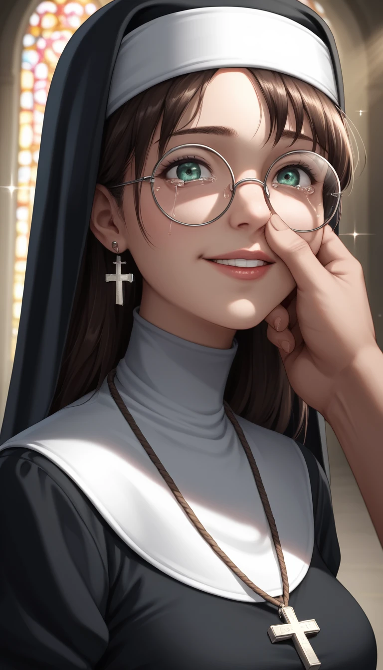 Suora anime che piange in un oscuro corridoio scolastico