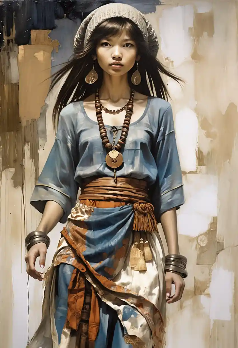 Bohemian Asian woman in teal tunic against abstract painting background
