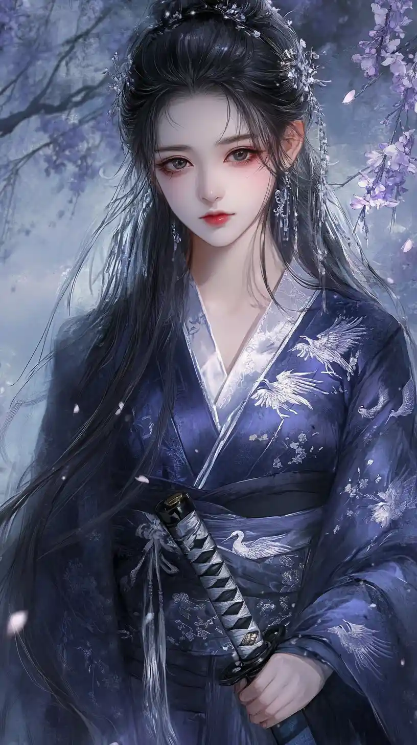 Guerriera anime in kimono al chiaro di luna con fiori di pruno