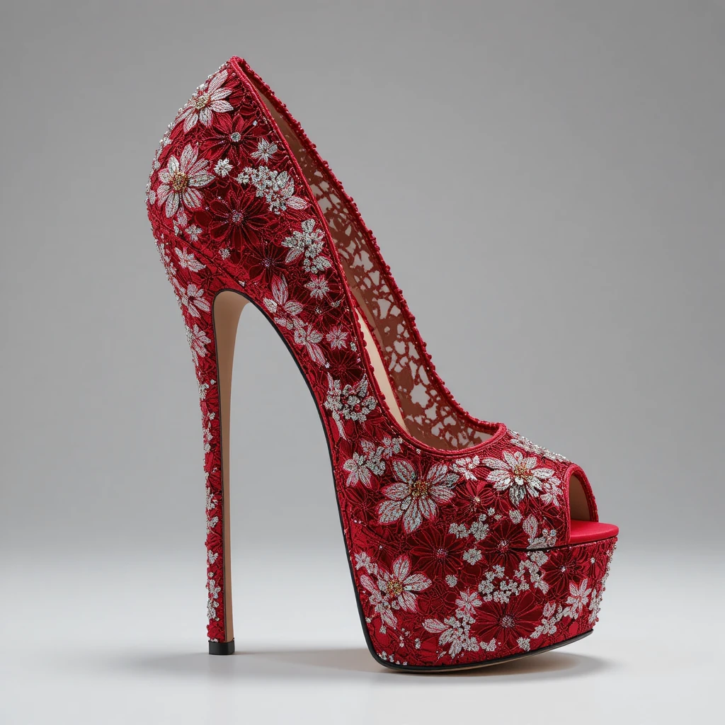 Red lace peep toe stiletto heel with jeweled floral details