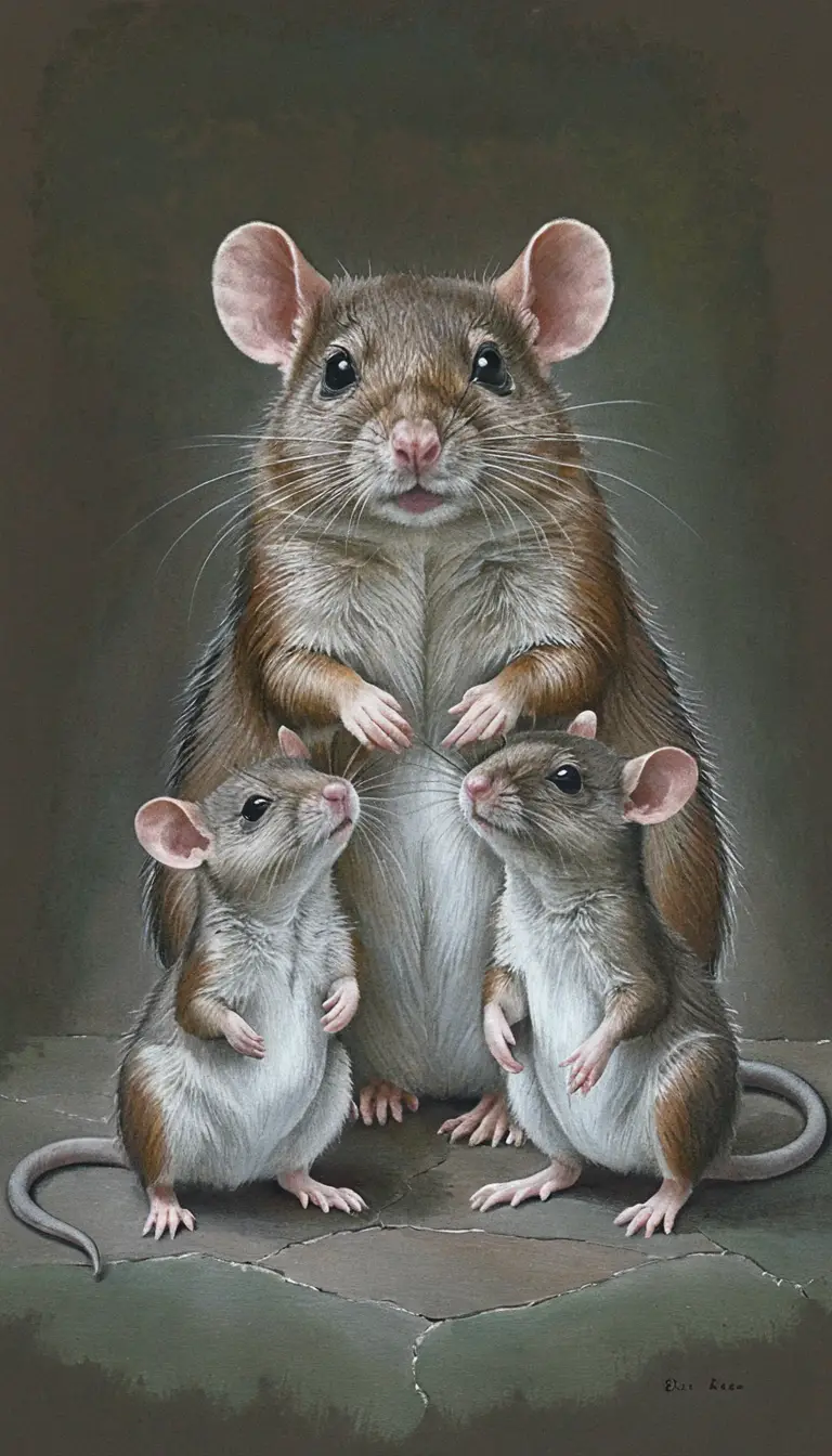 Tender rat family portrait in soft naturalist style