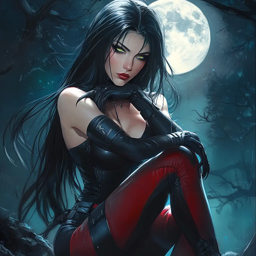 Alien warrior woman under a gothic moonlit sky