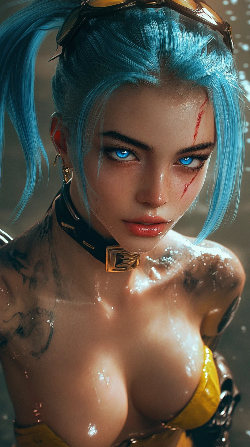 Scarred anime warrior woman in blue armor mid action