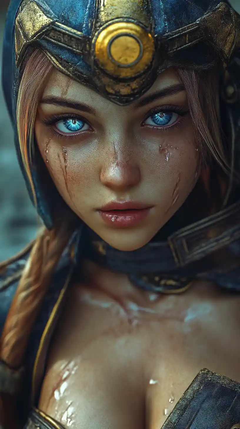 Close up of anime warrior woman with tattoos and scars