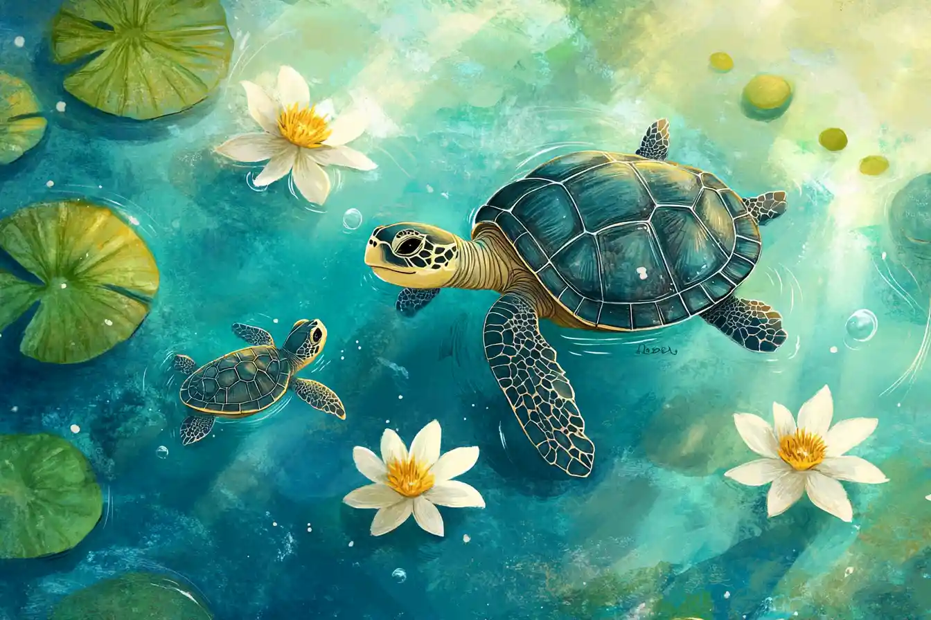 Mother sea turtle and baby swimming in playful illustration