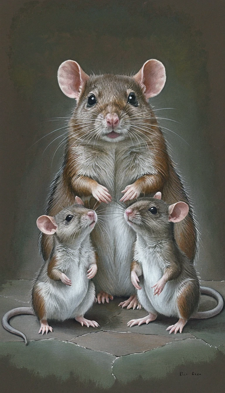 Tierno retrato de familia de ratas en suave estilo naturalista
