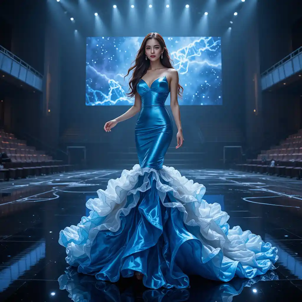 Korean beauty pageant contestant in liquid metal blue gown