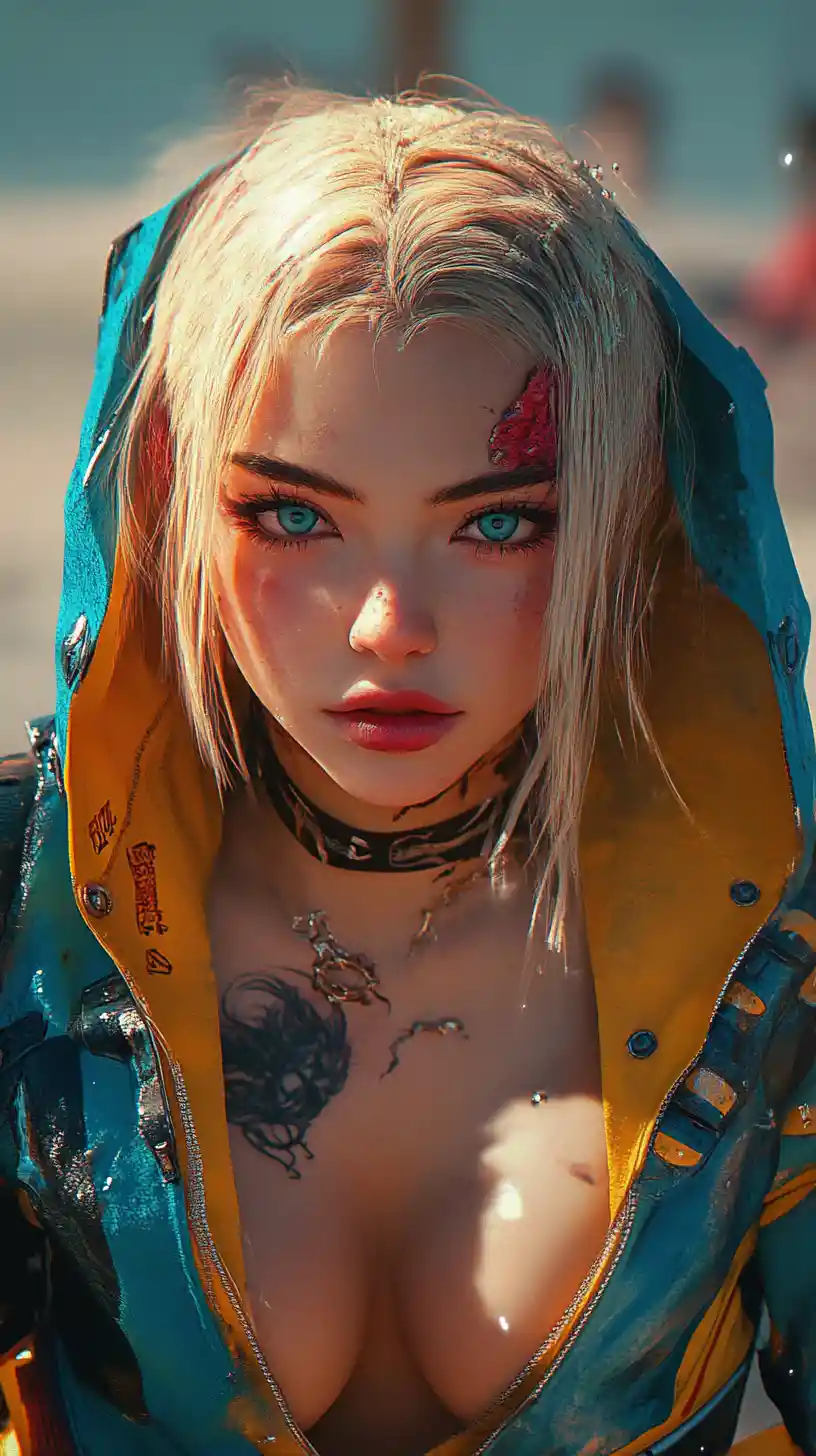Tattooed anime warrior woman in blue armor mid action