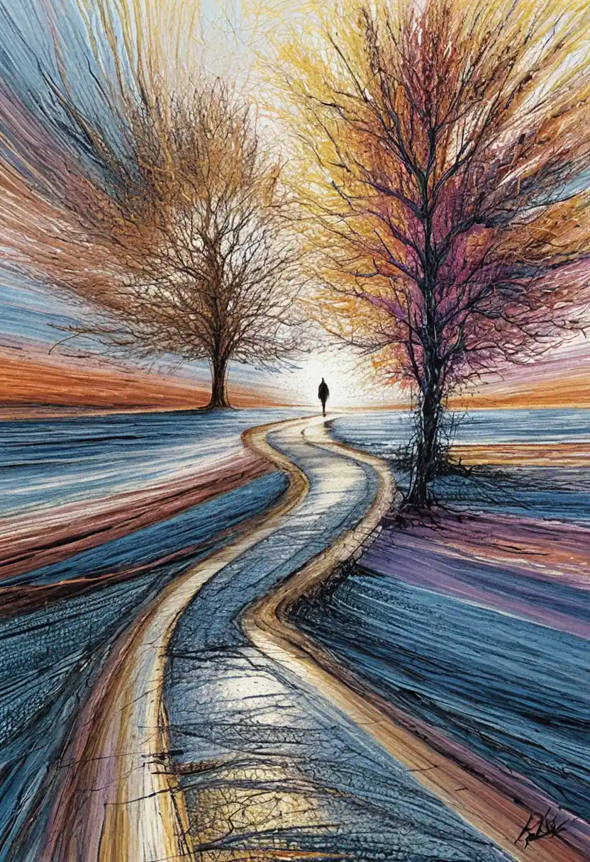 Solitary figure walking toward radiant light between two trees