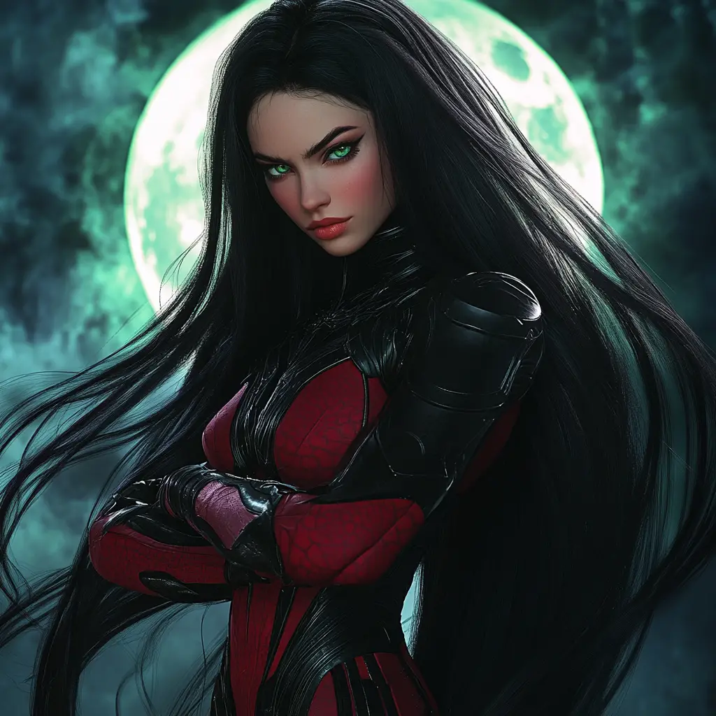 Mysterious alien warrior woman under a glowing full moon