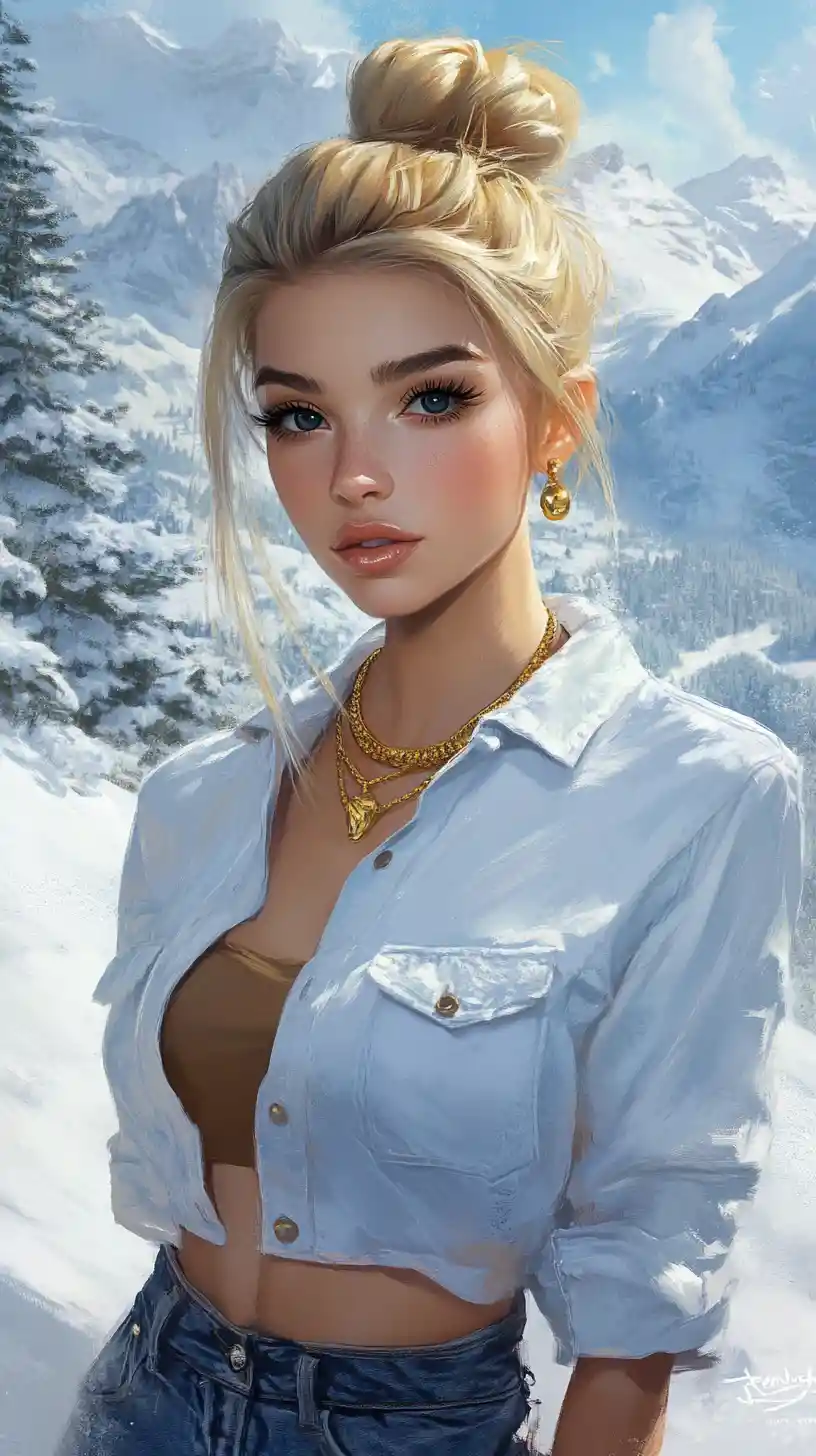Allegra ragazza bionda in jeans in piedi sulla montagna innevata