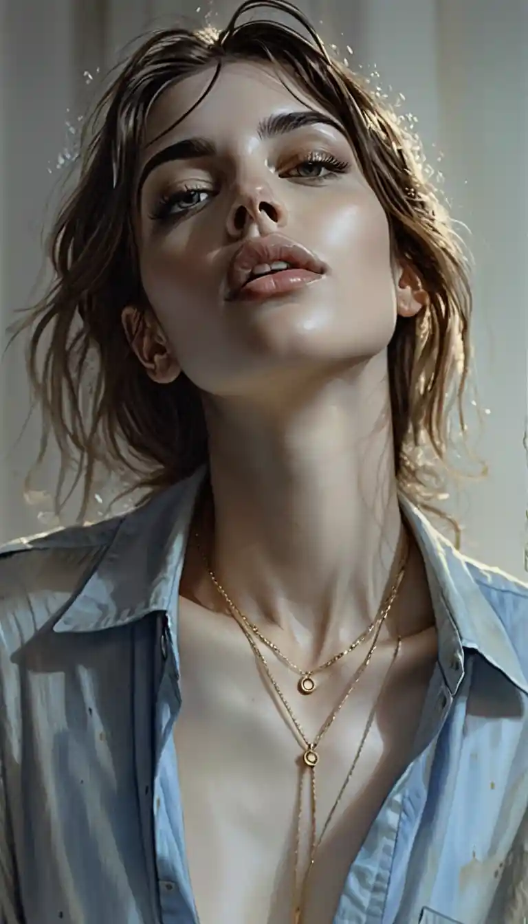 Retrato sensual de uma jovem em camisa jeans larga